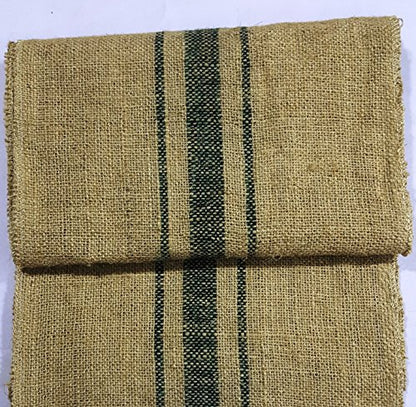 Natural Burlap Jute Runner Roll with green stripe | Burlap Fabric Table Runners