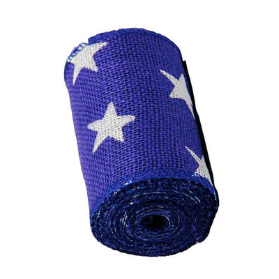 AAYU Natural Burlap Ribbon Roll 5 Inch X 5 Yards Blue White Star Print Jute Ribbon for Crafts Gift Wrapping Wedding