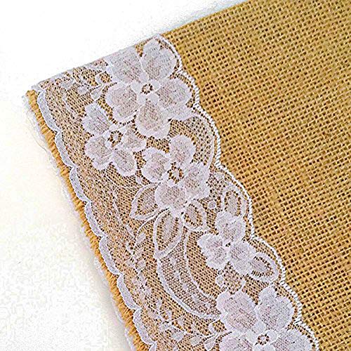 AAYU Burlap Table Runner with White Lace 14 x 108 Inch Natural Jute Fabric Runner Roll for Party Event Wedding Decorations (Lace on Both Sides)