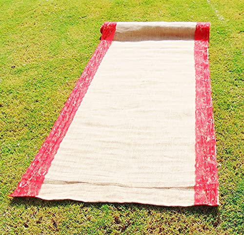 Premium Burlap Wedding Aisle Runner | 5 Inch Wide Red lace Attached on Both Sides | Sizes: 15ft, 30ft 50ft, 75ft or100ft (RED Lace 40&quot; X50Ft)