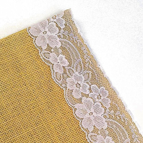 AAYU Burlap Table Runner with White Lace 14 x 108 Inch Natural Jute Fabric Runner Roll for Party Event Wedding Decorations (Lace on Both Sides)
