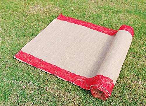 Premium Burlap Wedding Aisle Runner | 5 Inch Wide Red lace Attached on Both Sides | Sizes: 15ft, 30ft 50ft, 75ft or100ft (RED Lace 40&quot; X50Ft)