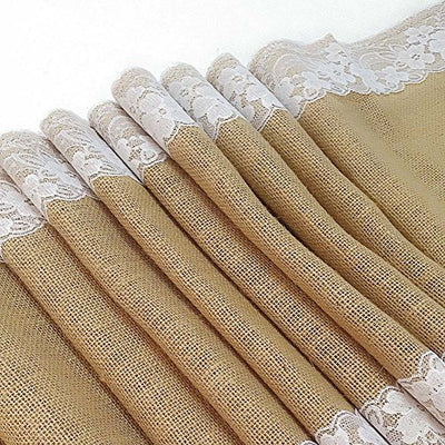 AAYU Burlap Table Runner with White Lace 14 x 108 Inch Natural Jute Fabric Runner Roll for Party Event Wedding Decorations (Lace on Both Sides)