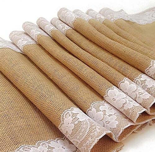 Burlap Table Runner by AAYU | 14 Inch x 72 inch Perfect Roll White Floral Lace Attached for Rustic Weddings and Events (White Lace on Both Sides)