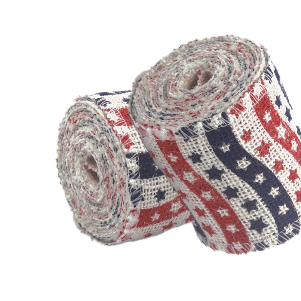 AAYU Natural Burlap Ribbon Roll 3 Inch X 5 Yards Red Blue White Star Printed Jute Ribbon for Crafts Gift Wrapping Wedding