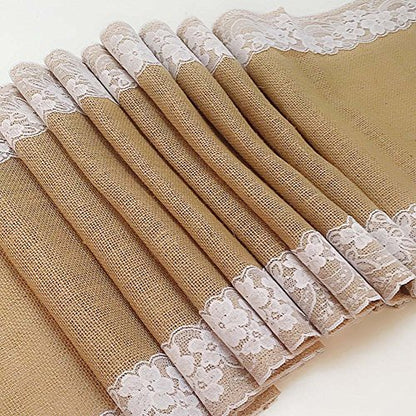 AAYU Burlap Table Runner with White Lace 14 x 108 Inch Natural Jute Fabric Runner Roll for Party Event Wedding Decorations (Lace on Both Sides)