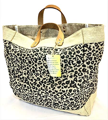 Burlap tote Bag with Leather handle, Animal print Size : 14&quot; X 11&quot; X 6&quot;, Thick burlap canvas women hand bags, Tan, Medium