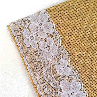 Burlap Table Runner by AAYU | 14 Inch x 72 inch Perfect Roll White Floral Lace Attached for Rustic Weddings and Events (White Lace on Both Sides)