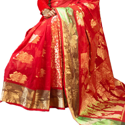 AAYU Women's Fashionable Cotton Silk Katan Saree | Banarasi Art Sarees for Party Wear Bollywood/Indian Dress Wedding or Special Event Red