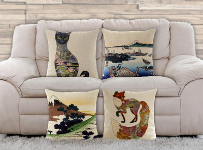 AAYU Cat and Fox Decorative Throw Pillow Covers 18 x 18 Inch Set of 4 Linen Cushion Covers for Couch Sofa Bed Home Decor