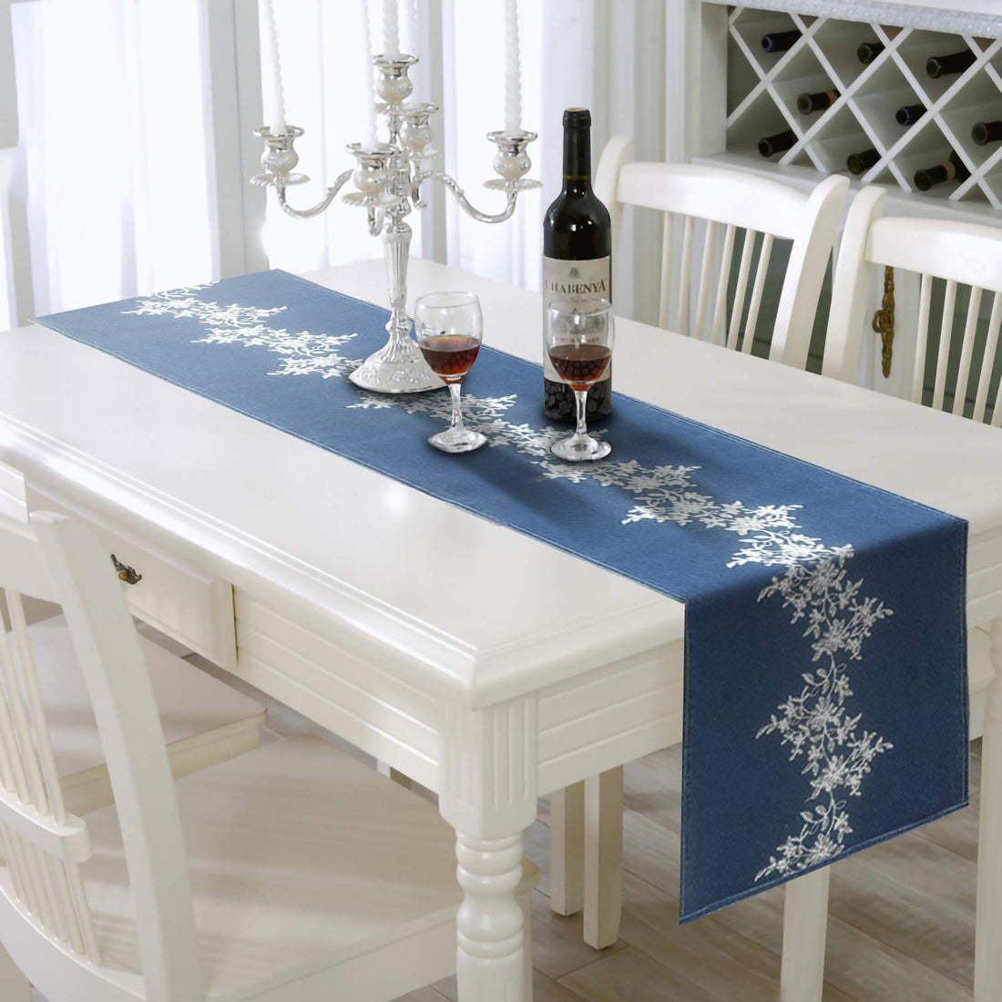 AAYU Designer Denim Table Runner/Bed Runners Limited and Exclusive Edition with Middle Floral Embroidery | 16 Inch X 108 Super Premium Quality Perfect for Wedding, Parties, Daily Décor