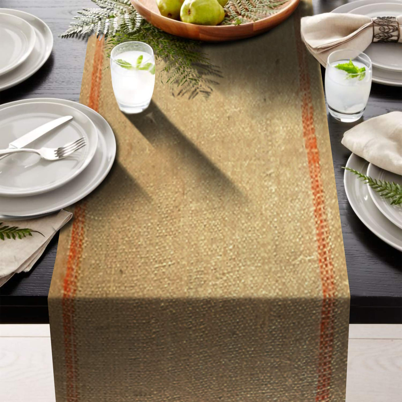 AAYU Burlap Striped Table Runner 12 x 108 Inch No-Fray Food Grade Natural Jute Rustic Table Runner for Home Party Wedding Decorations (Orange)