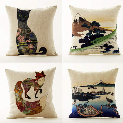 AAYU Cat and Fox Decorative Throw Pillow Covers 18 x 18 Inch Set of 4 Linen Cushion Covers for Couch Sofa Bed Home Decor