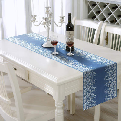 AAYU Denim Table and Bed Runner with White Floral Embroidery on Both Edges | 16 Inch X 108 Premium Quality Perfect for Wedding, Parties, Daily Décor