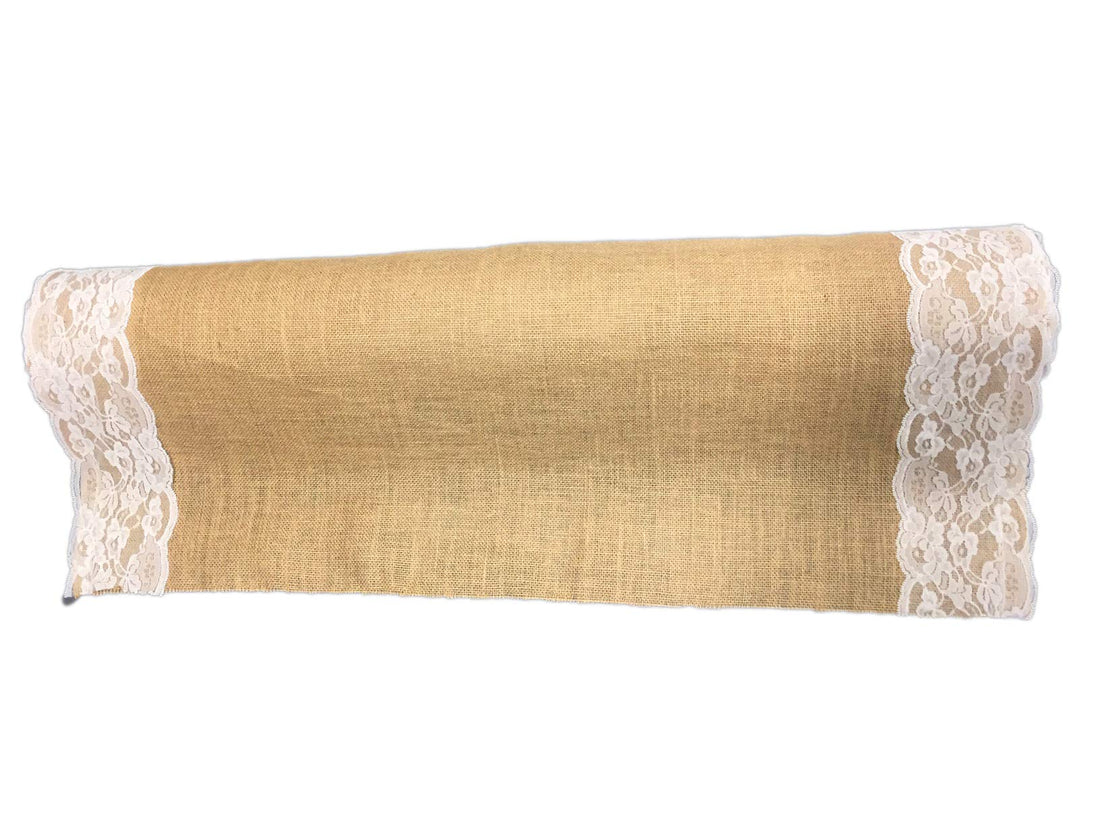 AAYU Burlap Wedding Aisle Runner with White Lace 40 Inch x 75 Feet Natural Jute Carpet Runner for Wedding and Party Decor