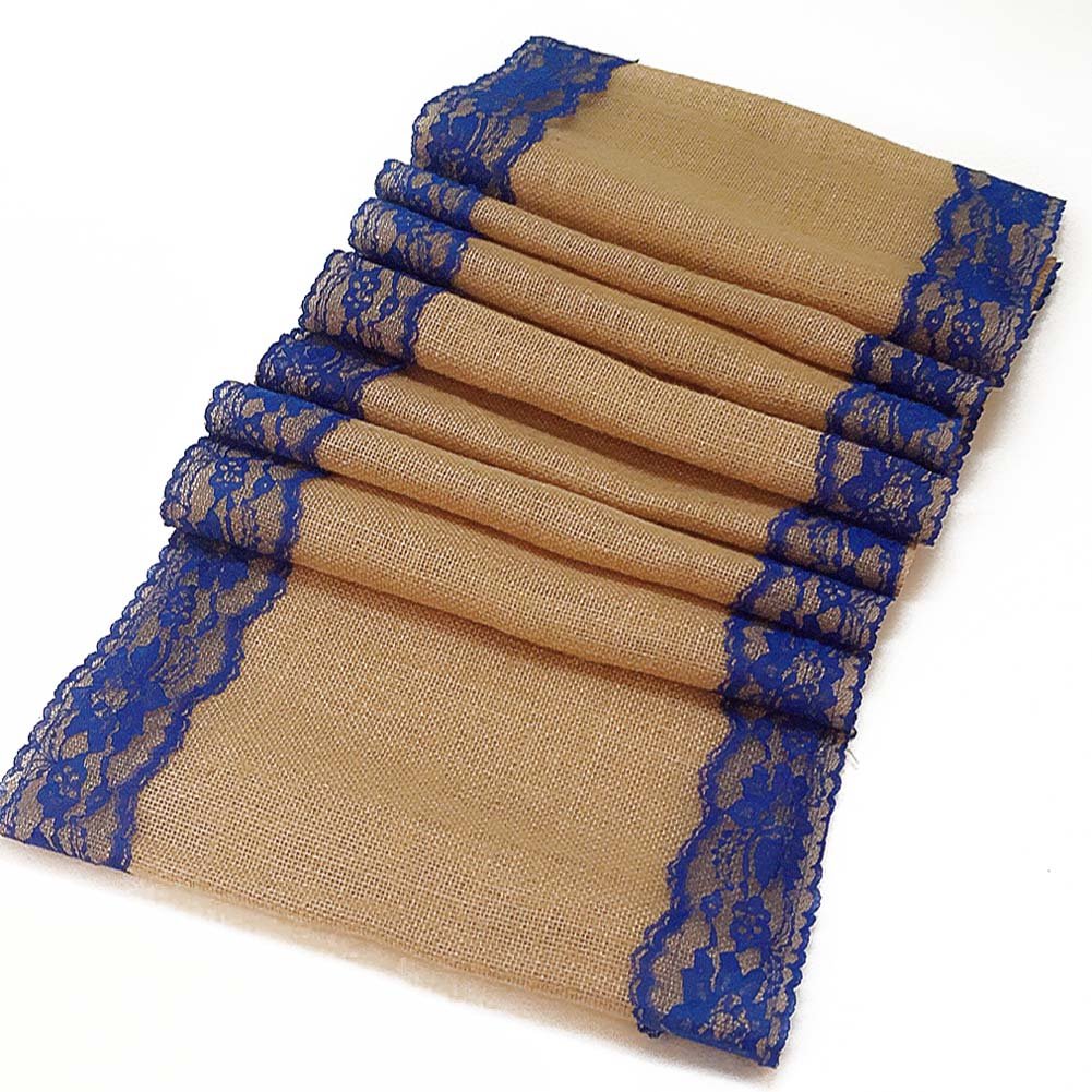 AAYU Burlap Table Runner with Blue Lace 14 x 108 Inch Natural Jute Fabric Lace Runner for Party Event Wedding Decorations