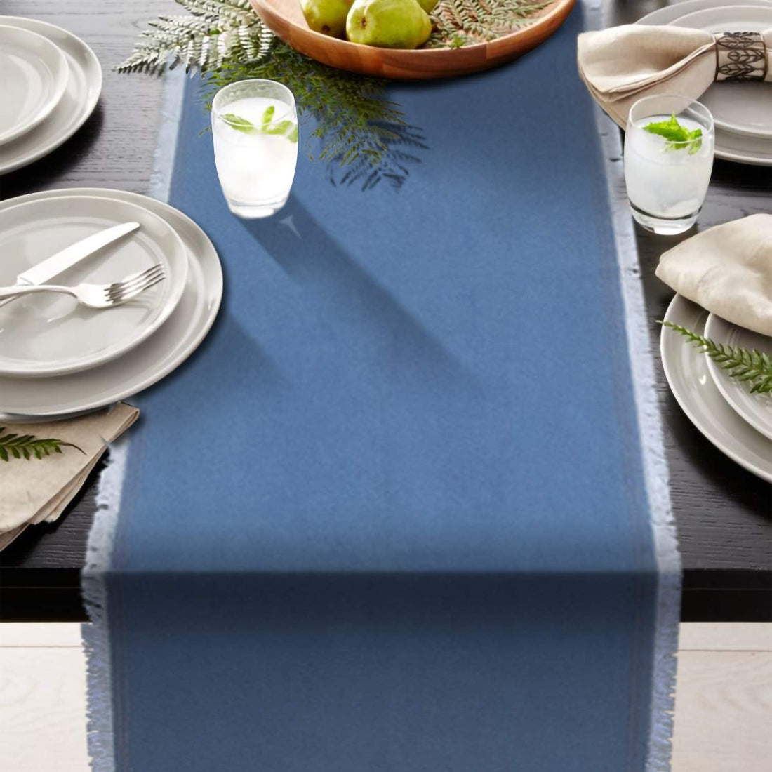 AAYU Denim Table Runner | Stone Washed Premium Quality (13 Inch X 72 Inch Fringed Edge)