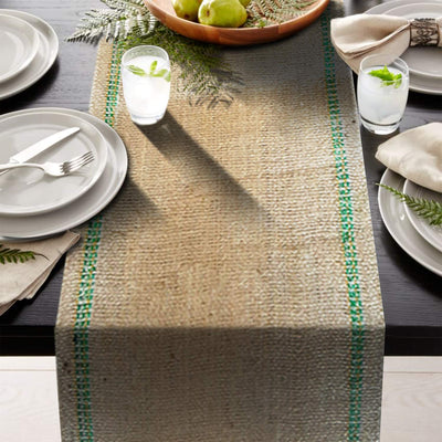 Organic Jute Table Runner Roll | Burlap Table Runner With Green Stripe | Striped Table Runner Burlap -Wedding Decoration