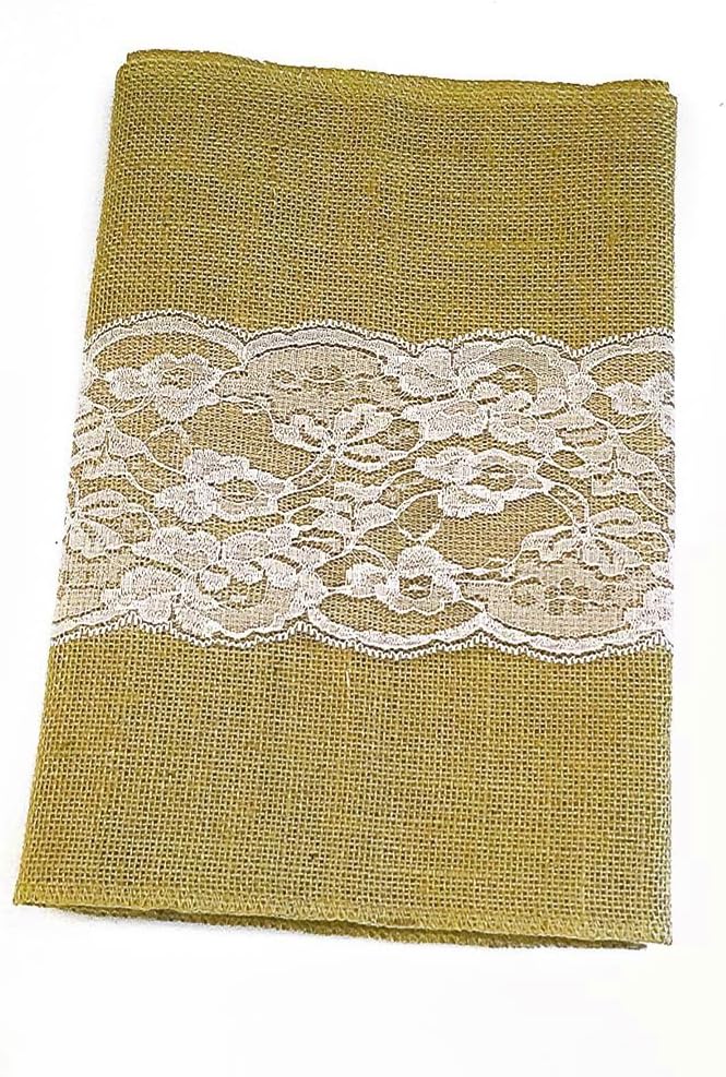 Burlap Table Runner 14&quot; x 108&quot; | Burlap Roll Lace Runner Perfect for Rustic Weddings and Events (White Lace in The Middle)