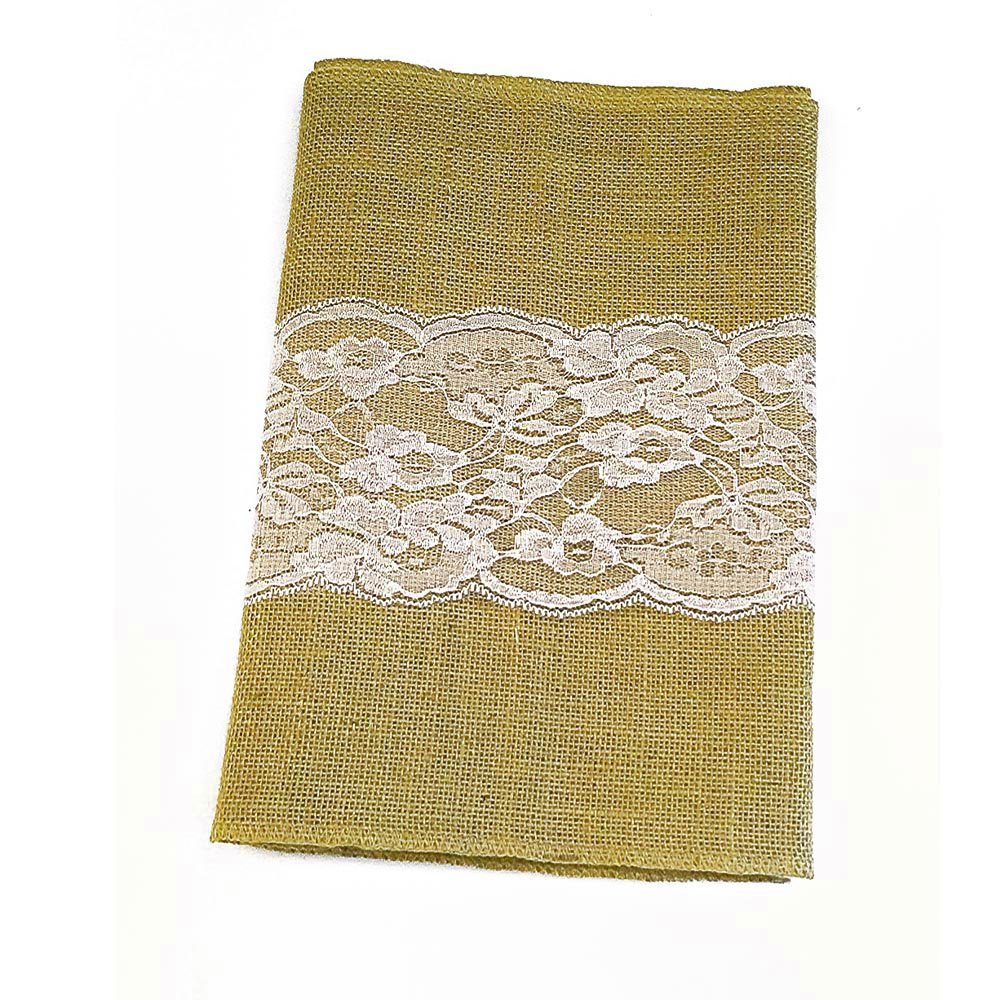 AAYU Burlap Table Runner with White Lace 14 x 108 Inch Natural Jute Fabric Runner Roll for Party Event Wedding Decorations (Lace in The Middle)