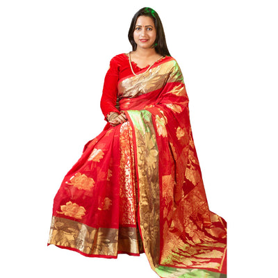 AAYU Women's Fashionable Cotton Silk Katan Saree | Banarasi Art Sarees for Party Wear Bollywood/Indian Dress Wedding or Special Event Red