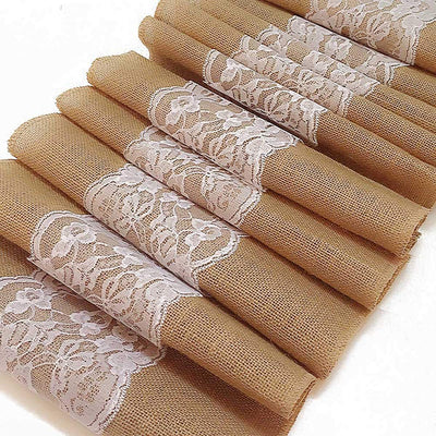 AAYU Burlap Table Runner with White Lace 14 x 108 Inch Natural Jute Fabric Runner Roll for Party Event Wedding Decorations (Lace in The Middle)