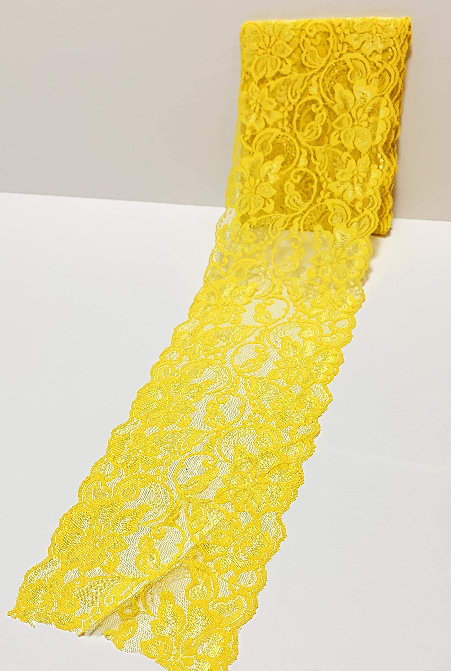 6&quot; X 5 Yards Stretch Lace Fabric Ribbon | Yellow | Perfect for DIY Decoration and Craft