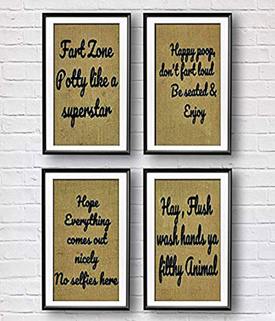 Bathroom Funny Sign with Quote on Burlap 4 Pack Unframed | 9 X 13 Inch Saying Restroom Rustic Country Shabby Chic Vintage Decor Sign Children's Room Quotes Great Gift for Decor, Enjoy Poop,Fart Zone