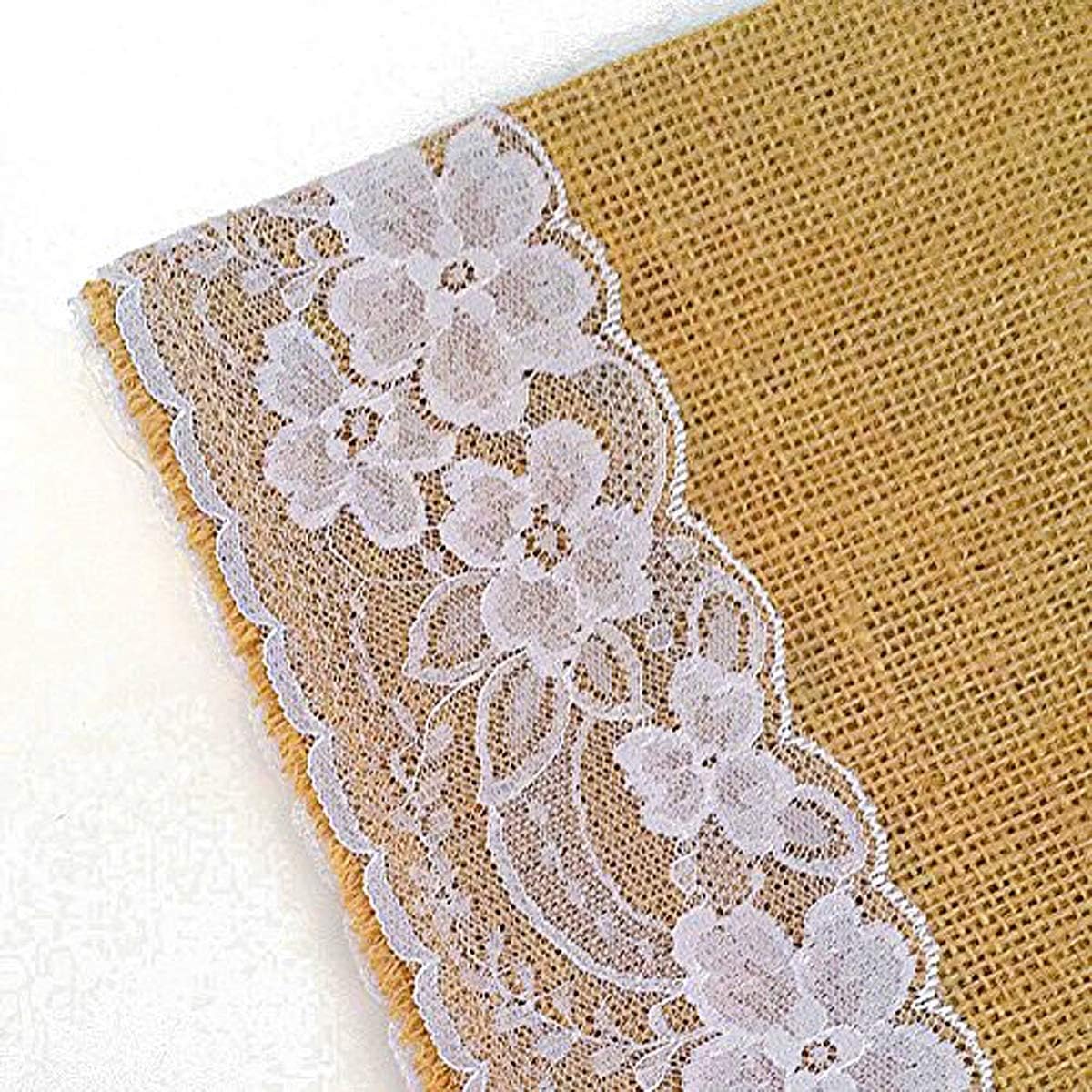 Burlap Table Runner 14&quot; x 108&quot; | Burlap Roll Lace Runner Perfect for Rustic Weddings and Events (White Lace in The Middle)