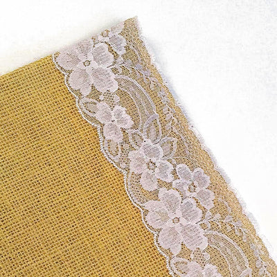Burlap Table Runner 14" x 108" | Burlap Roll Lace Runner Perfect for Rustic Weddings and Events (White Lace in The Middle)