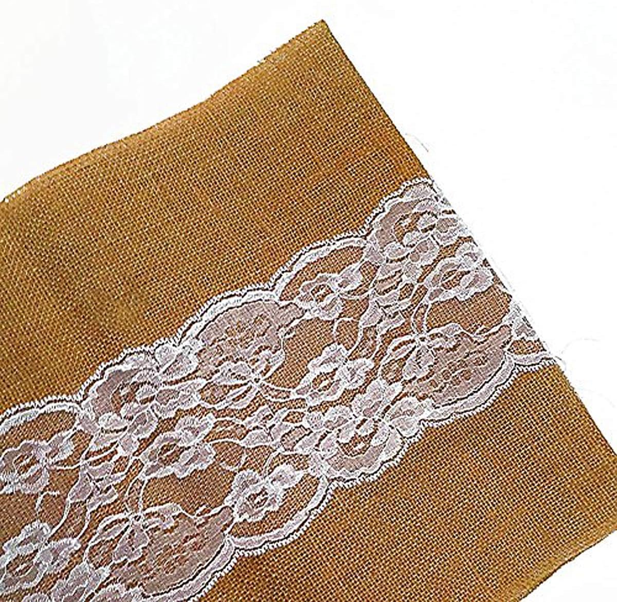 Burlap Table Runner 14" x 108" | Burlap Roll Lace Runner Perfect for Rustic Weddings and Events (White Lace in The Middle)