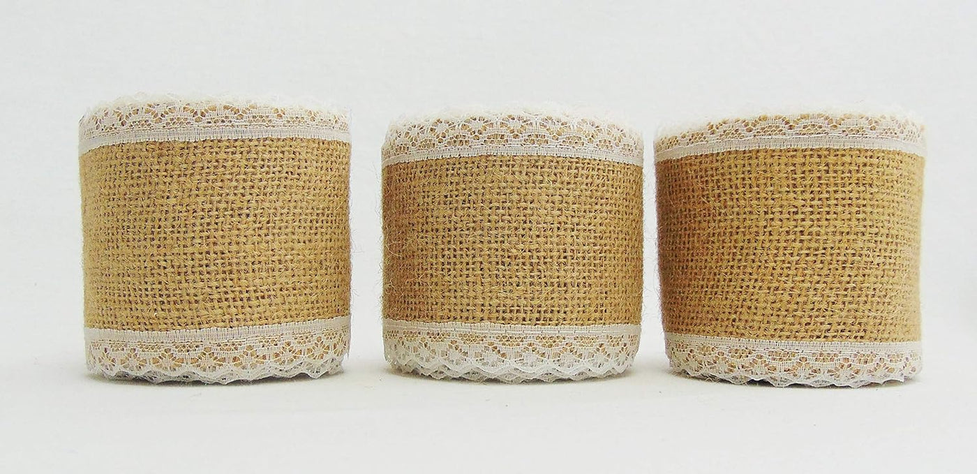 AAYU 3 Pack - 3" Burlap Ribbon roll 15ft with lace | 3 Inches x 5 Yards Natural Jute Roll Perfect for Wedding Decoration Gift Wrapping and DIY Crafts (White Lace on Both Sides) Total 15 Yards