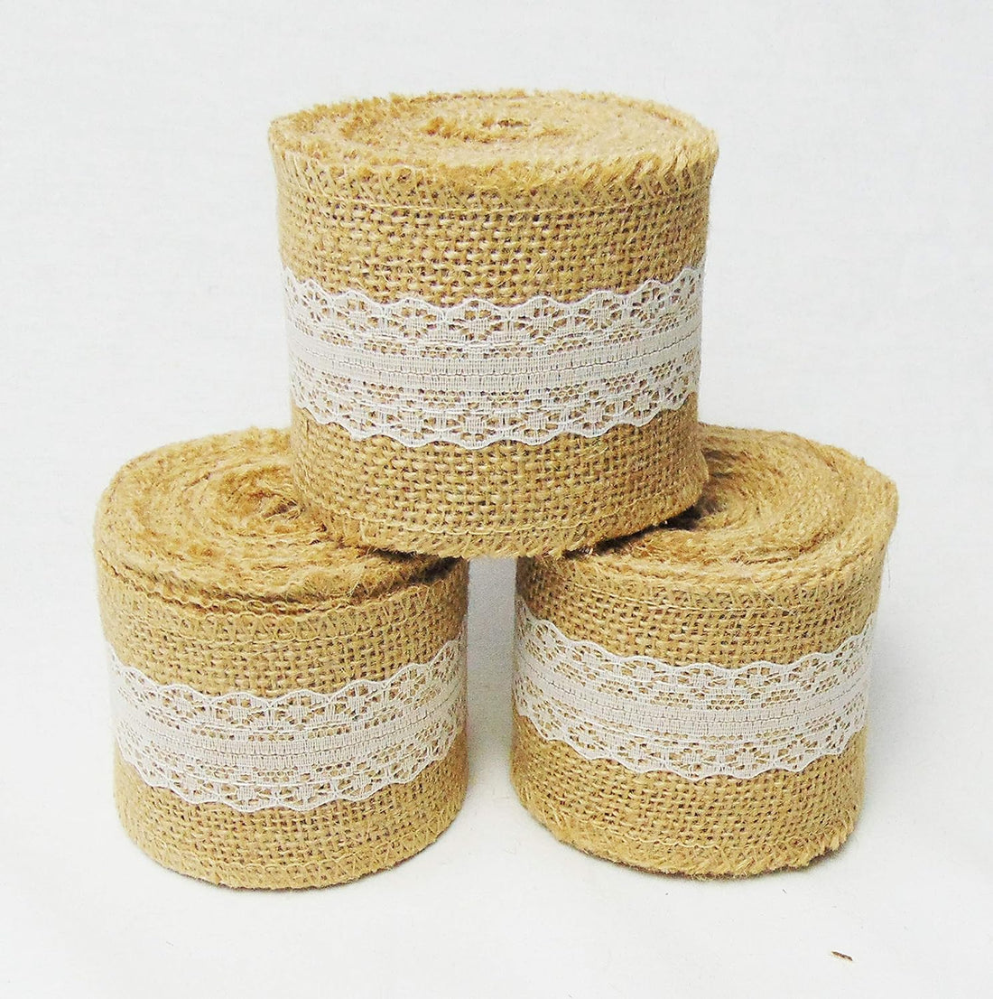 AAYU 3 Pack - 3&quot; Burlap Ribbon roll 15ft with lace | 3 Inches x 5 Yards Natural Jute Roll Perfect for Wedding Decoration Gift Wrapping and DIY Crafts (White Lace on Both Sides) Total 15 Yards