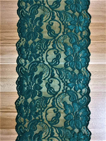 Dark Green 6 inch X 15 feet Floral lace Ribbon for Dress Making DIY Project Stretchy Smooth Soft and Great for Fashion (6&quot; X 5 Yards Stretch-Green)