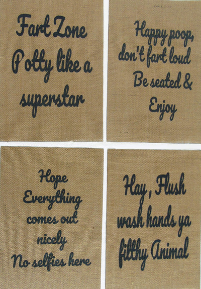 Bathroom Funny Sign with Quote on Burlap 4 Pack Unframed | 9 X 13 Inch Saying Restroom Rustic Country Shabby Chic Vintage Decor Sign Children's Room Quotes Great Gift for Decor, Enjoy Poop,Fart Zone