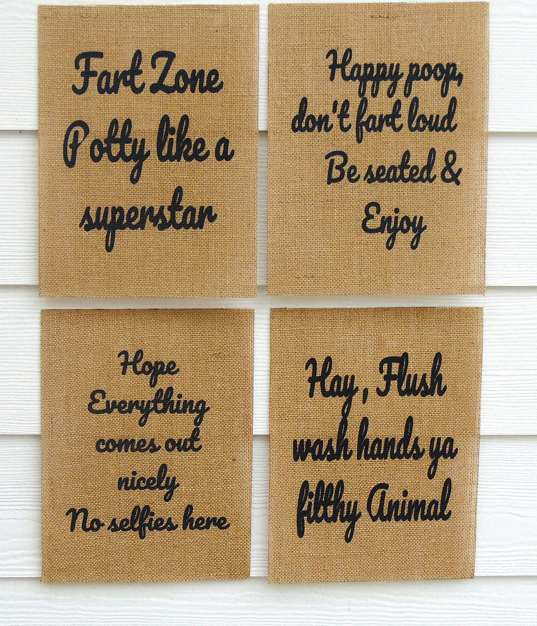 Bathroom Funny Sign with Quote on Burlap 4 Pack Unframed | 9 X 13 Inch Saying Restroom Rustic Country Shabby Chic Vintage Decor Sign Children&