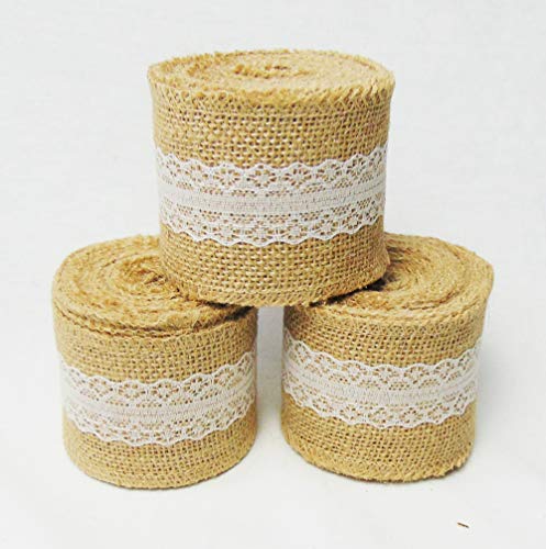 AAYU 3 Pack- Chair sashs 15 Yards Burlap Ribbon with Lace | 3 Inches x 5 Yards | Perfect for Weddings, Tie-Backs, Sashes, Wreaths, Bows, Gift Wrap, Tree Wrapping, Crafts (White Lace in The Middle) Jutemill 