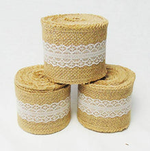 Load image into Gallery viewer, AAYU 3 Pack- Chair sashs 15 Yards Burlap Ribbon with Lace | 3 Inches x 5 Yards | Perfect for Weddings, Tie-Backs, Sashes, Wreaths, Bows, Gift Wrap, Tree Wrapping, Crafts (White Lace in The Middle) Jutemill 