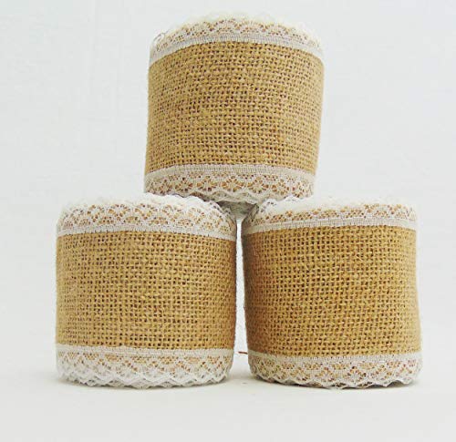 AAYU 3 Pack- Chair sashs 15 Yards Burlap Ribbon with Lace | 3 Inches x 5 Yards | Perfect for Weddings, Tie-Backs, Sashes, Wreaths, Bows, Gift Wrap, Tree Wrapping, Crafts (White Lace in The Middle) Jutemill 