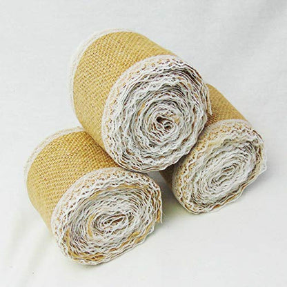 Burlap Ribbon Roll with White Lace Trims Tape