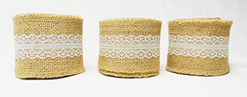 AAYU 3 Pack- Chair sashs 15 Yards Burlap Ribbon with Lace | 3 Inches x 5 Yards | Perfect for Weddings, Tie-Backs, Sashes, Wreaths, Bows, Gift Wrap, Tree Wrapping, Crafts (White Lace in The Middle) Jutemill 