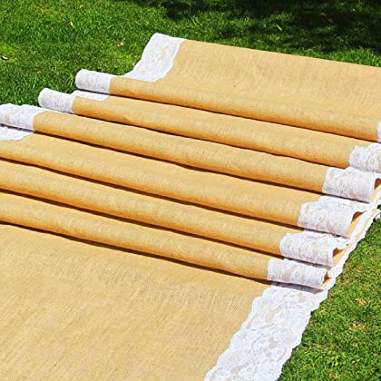AAYU Brand Premium 40&quot; X 10-feet Burlap Outdoor Wedding Aisle Runner with Wide Ivory lace Attached Edges,10ft (40 inch x 10 Feet) Jutemill 