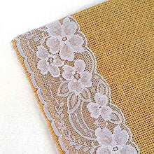 Load image into Gallery viewer, AAYU Burlap Table Runner | 14 Inch x 108 Inch | Navy lace Attached | Kitchen/Dining Rustic Wedding Ceremony or Easter Decorations | Vintage, Country Bohemian Decor (Blue Lace on Both Sides) Jutemill 
