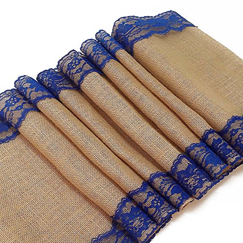 AAYU Burlap Table Runner | 14 Inch x 108 Inch | Navy lace Attached | Kitchen/Dining Rustic Wedding Ceremony or Easter Decorations | Vintage, Country Bohemian Decor (Blue Lace on Both Sides) Jutemill