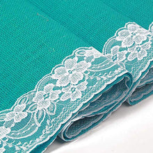 Load image into Gallery viewer, AAYU Gray Burlap Table Runner with White lace 108&quot; | 14 Inch X 108 Studio Collection White Ribbon Lace on Both Edges Perfect Table Top Settings for Wedding and Party Decor (Grey) Jutemill 
