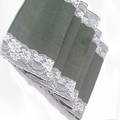 AAYU Gray Burlap Table Runner with White lace 108&quot; | 14 Inch X 108 Studio Collection White Ribbon Lace on Both Edges Perfect Table Top Settings for Wedding and Party Decor (Grey) Jutemill 